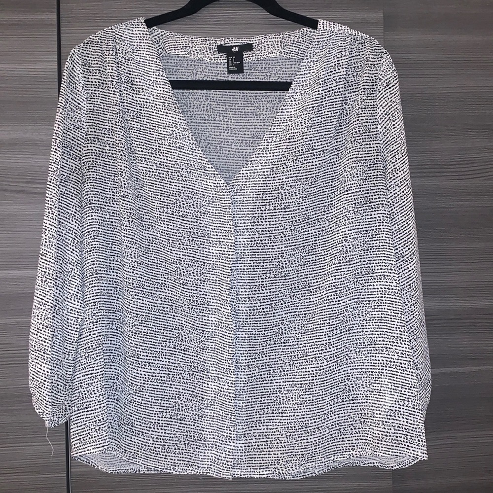 H&M Navy and White Long Sleeve Blouse, Size 8